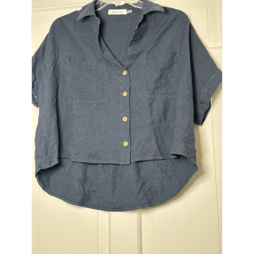Mustard Seed Linen Short Slve Wooden Buttons Collar Oversized Crop Top Size S
